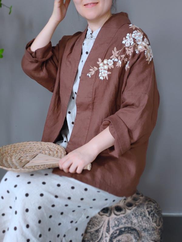 トレンチコート レディース 春夏 リネン 刺繍 シンプル 長袖 漢服風 立体感 カーディガン アウター 羽織り カジュアル 普段着 通勤 通学 スプリングコート ナチュラル 素材感 軽い 着心地 合わせやすい 無地 柔らかい 羽織もの 大人|GRATIQUE MIEI