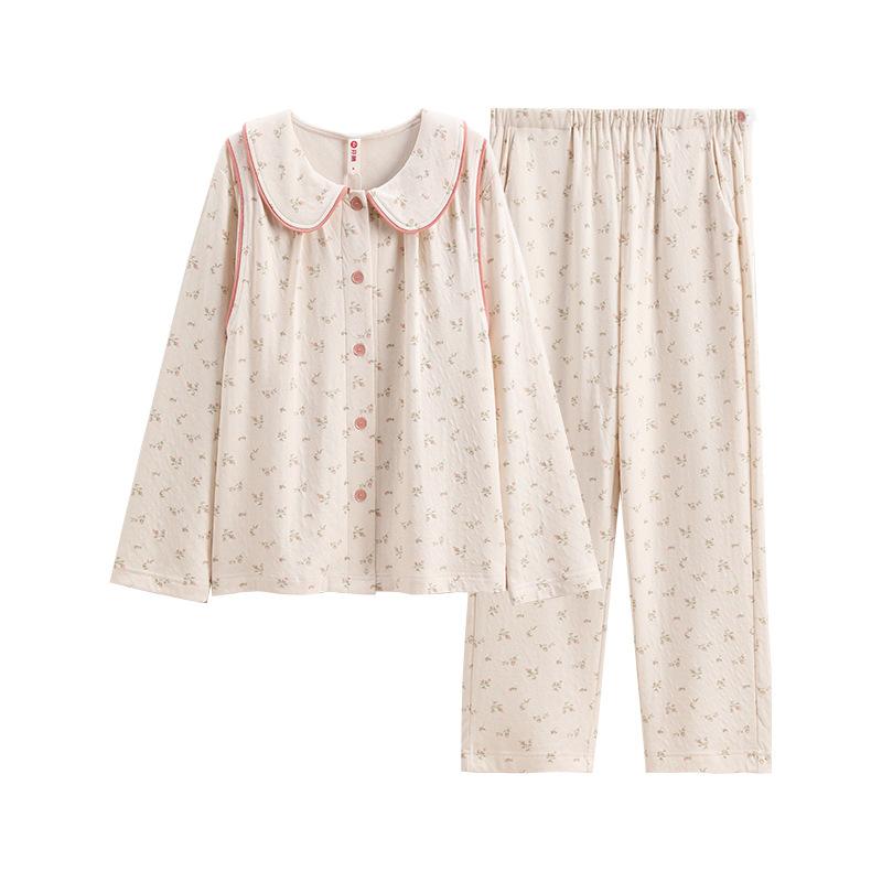 パジャマ レディース 春秋 長袖 綿 マタニティ 授乳服 産後 部屋着 ルームウェア 上下セット コットン 無地 ゆったり 妊婦服 授乳口付 おしゃれ ナチュラル シンプル マタニティウェア｜GRATIQUE MIEI