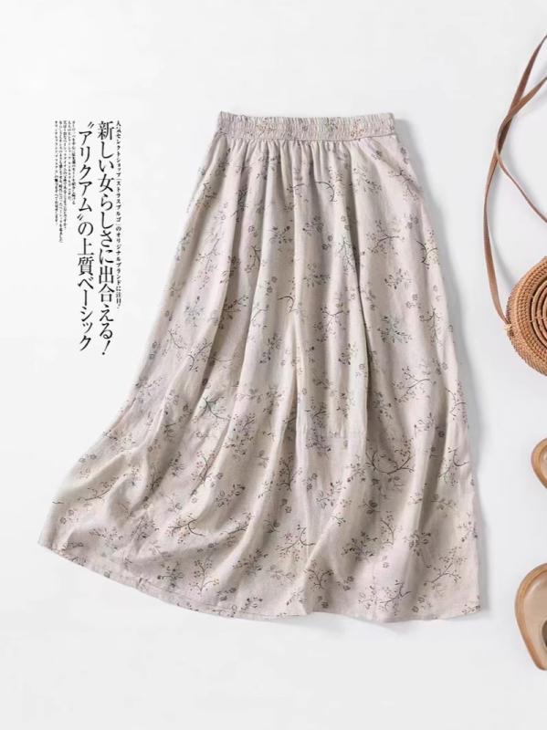 スカート レディース ロング丈 フレア Aライン 麻混 花柄 ボタニカル柄 膝下丈 ウエストゴム チャイナドレス風 新中式 オールシーズン シンプル ナチュラル カジュアル 体型カバー 着痩せ｜GRATIQUE MIEI
