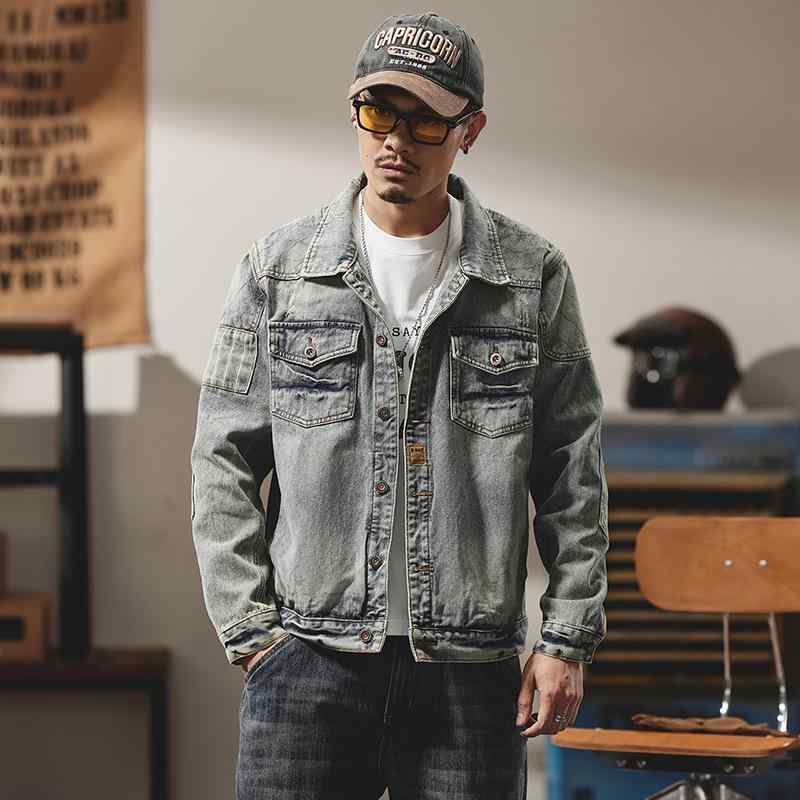 デニムジャケット メンズ 長袖 ヴィンテージ風 レトロ ライダースジャケット 襟付き 切り替え ダメージ加工 ストリート系 カジュアル 普段着 アウター｜GRATIQUE MIEI