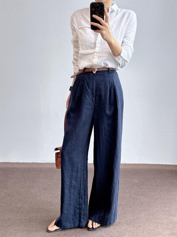 パンツ レディース 亜麻100% ワイドパンツ ハイウエスト ストレートパンツ 紺色 垂れ感 高級感 カジュアル 春夏｜GRATIQUE MIEI