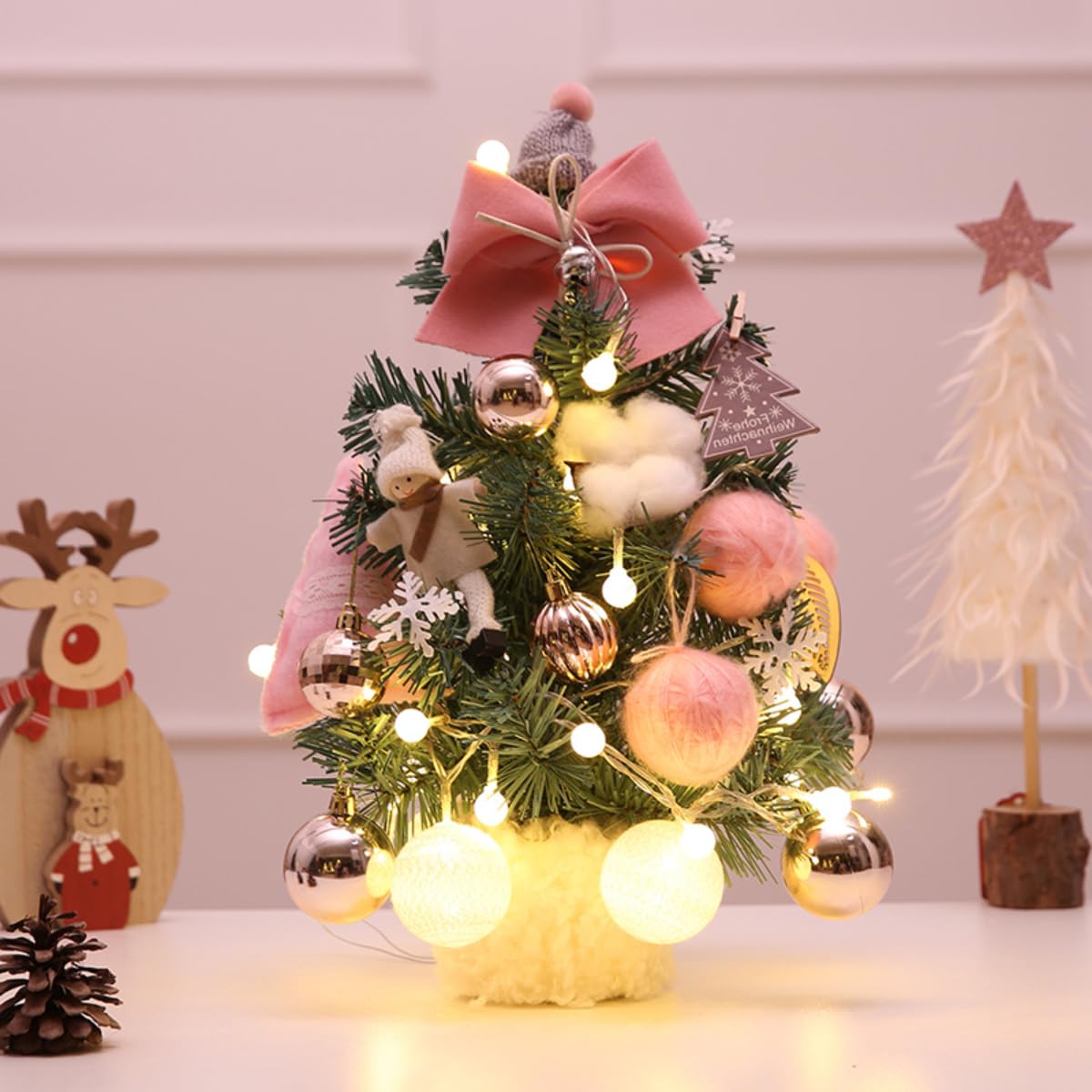 【LED ライト付き】【オーナメントあり】クリスマスツリー 30cm ミニ 卓上 光る 電池式 組立簡単 おしゃれ クリスマス飾り インテリア置物 北欧風 雰囲気満々 自宅 部屋 玄関 ピンク ベージュ プレゼント ギフト 贈り物 送料無料
