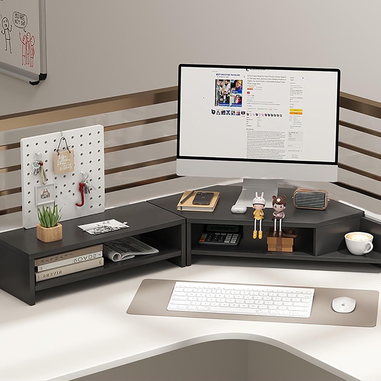 木製 コーナーモニター台 卓上収納 + 穴あきボード付き オフィスオーガナイザーラック モニターシェルフライザー