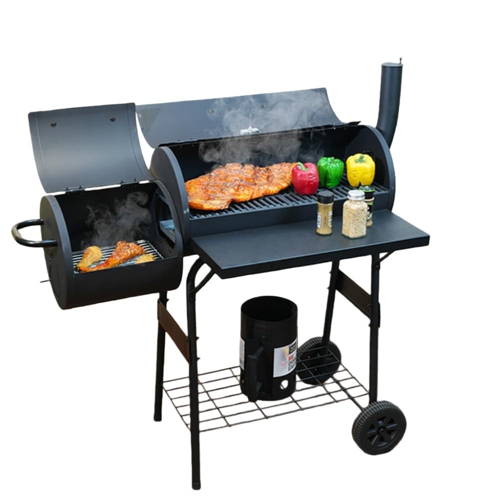 オフセット喫する 黒いことと濃灰色食べ物屋 喫煙者 燻製器 ファイヤーボックス屋外用BBQ食べ物屋 炭火焼丸焼き食べ物屋 オフセットスモーカー付き添い人、BBQスモーカーグリル 労働者階級用気温計と合わせる能力のあるダンパー付き添い人、室外後庭用 (ダブルバレルグリル,114*60*117珊)
