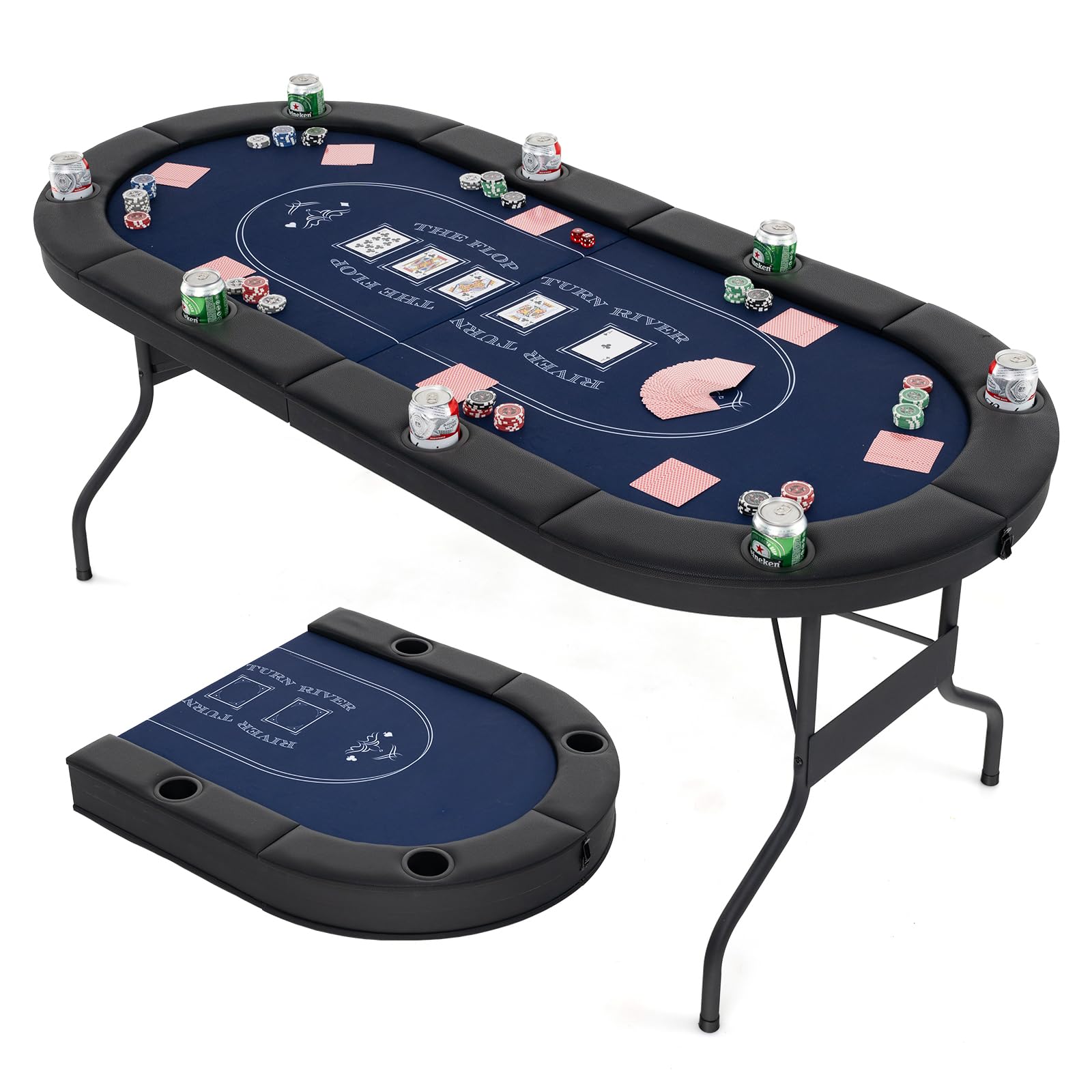 ポーカーテーブル 折りたたみ 完成品 8人対応 ポーカーマット 幅186x奥行82x高さ75cm パッド入りレール 深型カップホルダー付き テキサスポーカーテーブル ポーカーゲーム 持ち運び可能 収納簡単 組み立て不要 家庭用 業務用 本格的なカジノ体験 高級 (ブルー)