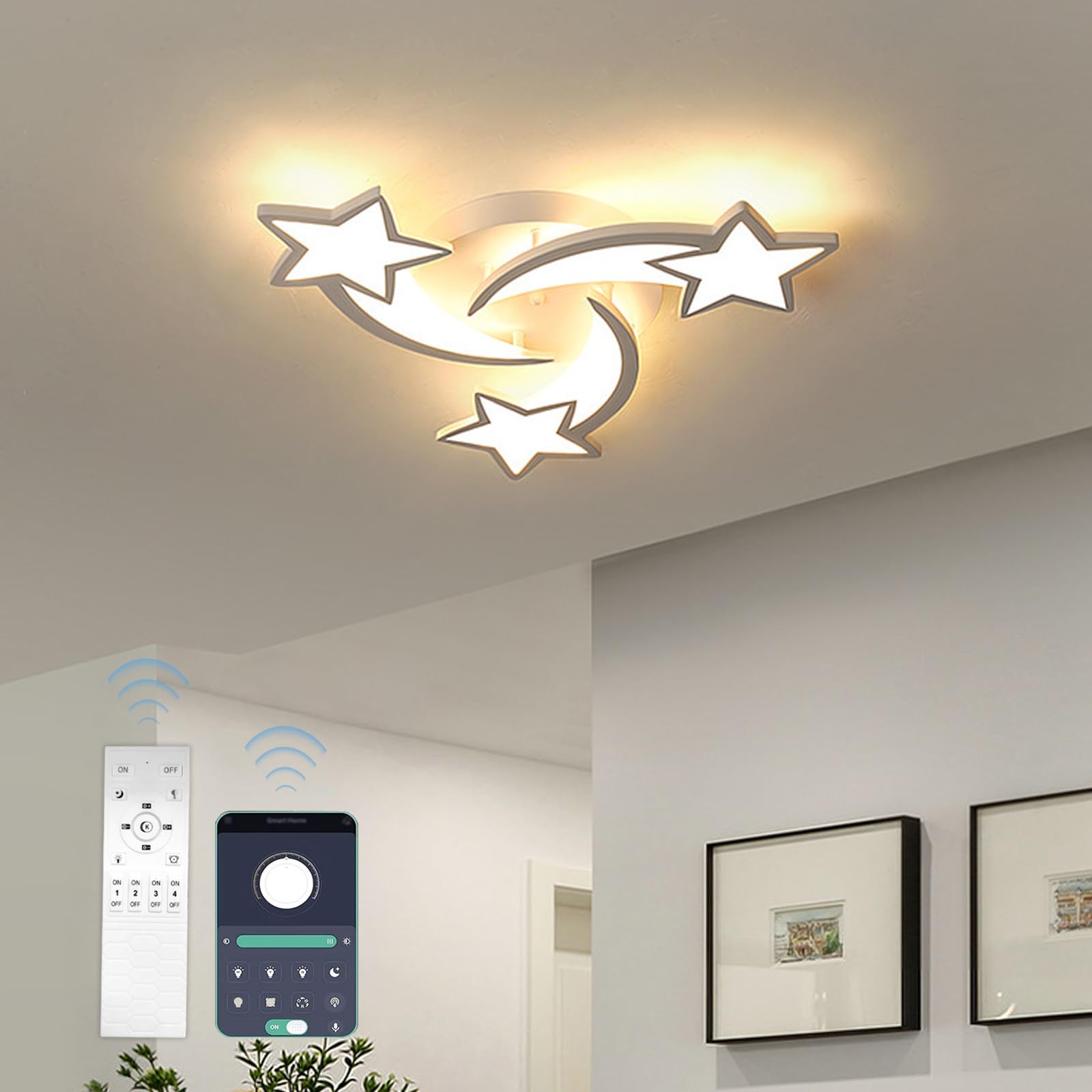 【2年間品質保証】LED シーリングライト 6-10畳 APP遠隔制御 無段階調光調色 リモコン付き 取付簡単 引っ掛対応 工事不要 おしゃれ 北欧 インテリアライト 天井 照明器具 間接照明 リビング 和室 居間 星の形 日本語説明書PDF (3星 直径60cm 6-10畳 24W)｜ぴょんぴょんショップ 19,156円