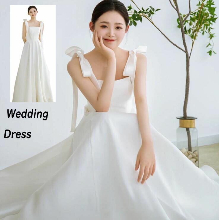 ウェディングドレス キャミソール イブニングドレス 白ドレス サテン シンプル リボン 結婚式 韓国風 お花嫁 前撮り/後撮り パーティー挙式 海外旅行 写真撮影 ブライダル 披露宴 二次会 演奏会 舞台 ピアノ プリンセスライン プレゼント ギフト 贈り物 送料無料｜ぴょんぴょんショップ