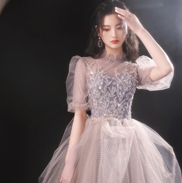 プリンセスドレス パーティードレス キラキラ バルーンスリーブ ロング丈 背中編み上げ ワンピース 花嫁 ウエディング フォーマル 披露宴 宴会 結婚式 撮影 発表会 演奏会 成人式 司会 忘年会 二次会 ピアノ 前撮り 後撮り プレゼント ギフト 贈り物 送料無料