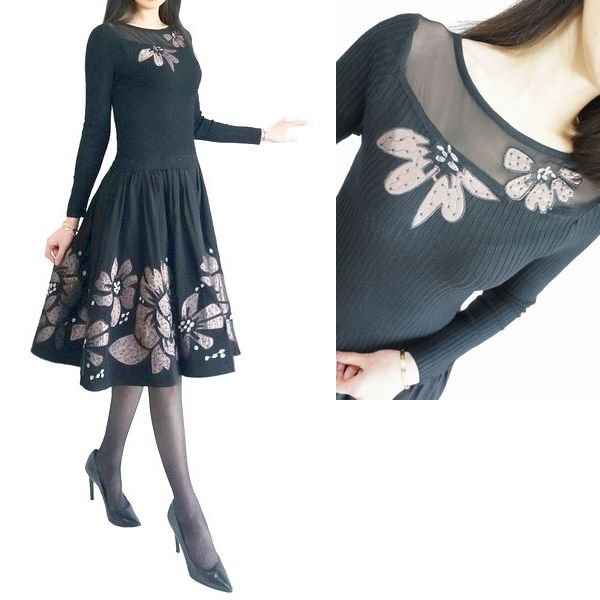 安心発送 フォーマル 二次会 謝恩会 ワンピース 大花 切り替え ニット フラワー クラシカル 高級 セレブリティー 優雅 上品 刺繍 花柄 着やせ レディース ニットワンピース 長袖 フォーマル ワンピース 高級刺繍 結婚式 発表会 披露宴 パーティー パーティードレス