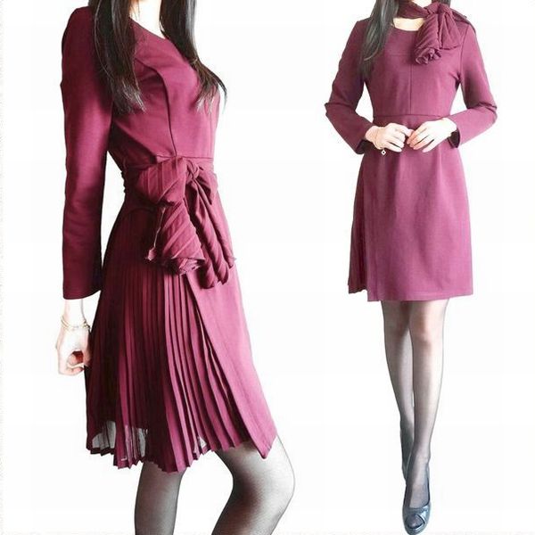 レディース 上品 大人 上品 ワンピース 秋冬 着痩せ ワンピース ワンピース 長袖 きれいめ ミディアム 清楚 好印象 お呼ばれ 30代40代 ２点セット ストールつきプリーツシフォンが素敵なタイトワンピース 上品 上質 レディース 長袖ワンピース ワインレッド ワンピース