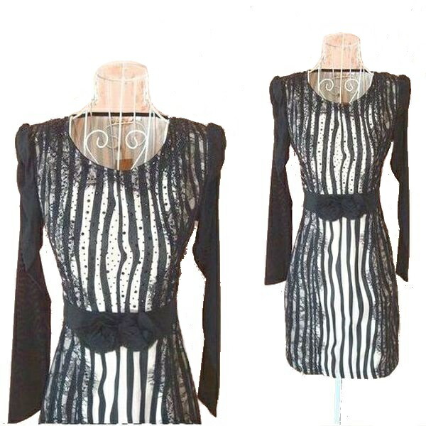 上品 タイトース レディース 大人 ラスト１点 着痩せ ワンピース ミディアム 長袖 タイトワンピース 好印象 清楚 秋冬 30代40代 お食事会 きれいめ お呼ばれ パーティー ドレス 二次会 ラスト１点 胸元ビーズ散りばめたレースとストライプのコンビネーションが