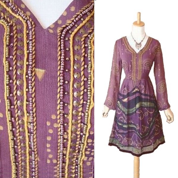 安心の定価販売 ラスト１点 ワンピース 春 クラシカル ビーズ刺しゅう 素敵 レトロ シフォン ワンピース 春ワンピース エキゾチック ワンピース 長袖 シフォン プリント レディース 秋 春 膝丈 ミモレ丈 ひざ丈 スレンダー 大人 神秘 エスニック 紫 パープル 新品
