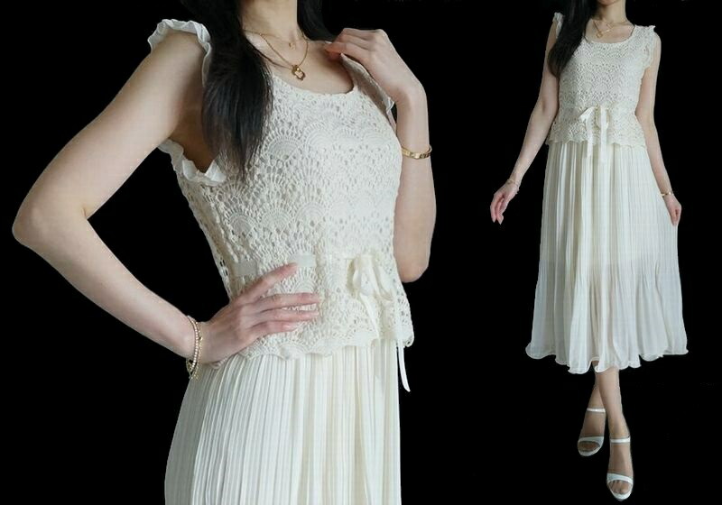 逃げ口 かぎ編みスピード競技筋目シフォンロングワン佚 シフォンワンピ アイボリー オフ白人 総レース 褒賞 ノー袂 ワンピース 炎節ワンピース プリーツ 盛り場 外海 マキシワンピース 端麗 激安 ロングワンピース ワンピース ロング 夏 ノースリーブ レディース