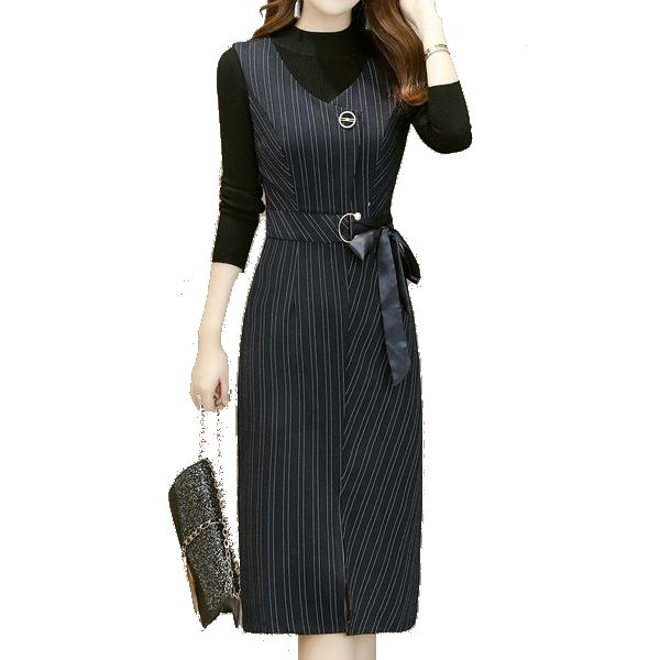 長袖 秋冬 レディース きれいめ ワンピース 着痩せ 清楚 ウエストリボンレディースファッション 上品 上質 好印象 ワンピース 30代40代 大人 ミディアム お呼ばれ ラスト１点 セットアップ 上質 ２点セット ワンピース 着やせ カットソー付きノースリーブストライプ