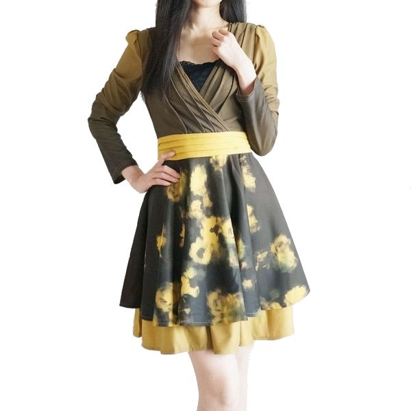 レディースファッション ワンピース レディース 長袖 秋 ワンピース フレア 黄色 着心地良い ストレッチ お食事会 パーティー 二次会 結婚式 エレガント かわいい 上質 きれいめ 大人 フレアワンピース 2重 綺麗 フラワー 花柄 グラデーション 華やかな イエロー 秋冬