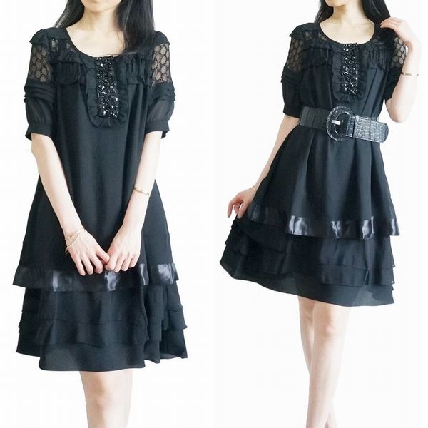 アウトレット送料無料 上質 エレガント フェミニン フリル シフォンワンピース 半袖 ワンピース パーティードレス 黒 結婚式 二次会 お食事会 お呼ばれ 30代40代50代 刺繍 レース フレア ひざ丈 ワンピース 膝丈 上品 大人の女性 クラシカル ワンピース クラシック 即納