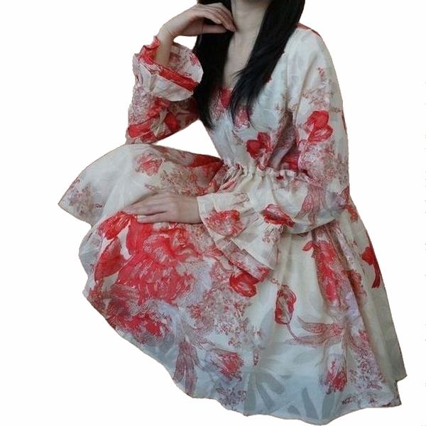 充実の品 グラデーションフラワー かわいい クラシカルワンピース きれいめ 長袖 春 ワンピース 水彩画 レトロ エスニック 大花 クラシック 低身長 チュニックワンピ チュニック 膝上 ミニ丈 ミニ ショート ピンク レッド 赤 チュニック フレア袖 2重 花柄 3bh1eyrq54ou