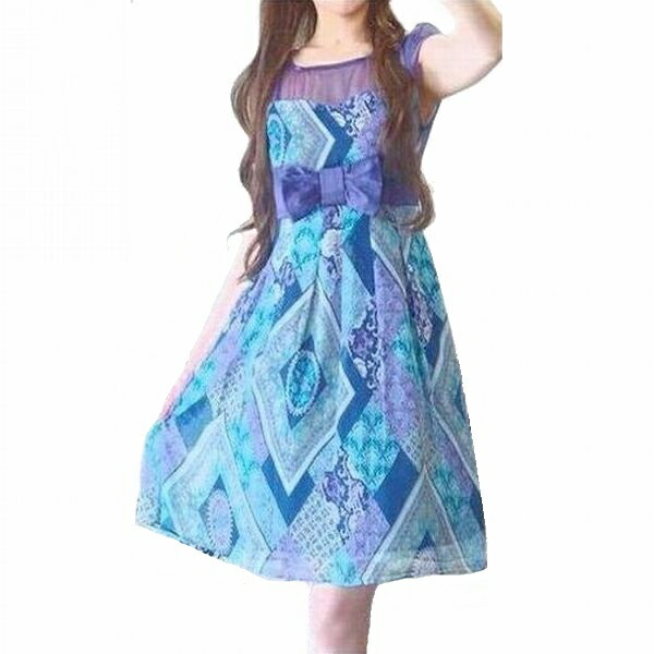 【ラスト１点】S【２点よりどり１万円】ワンピース レディース ２点セット ビーズストラップ パープル 花柄 ワンピース パーティードレス 結婚式 二次会 お呼ばれ スカーフプリント 紫 ひざ丈 パープル 紫 シースルー ブルー｜スタイル美人　Q・T・fanfan