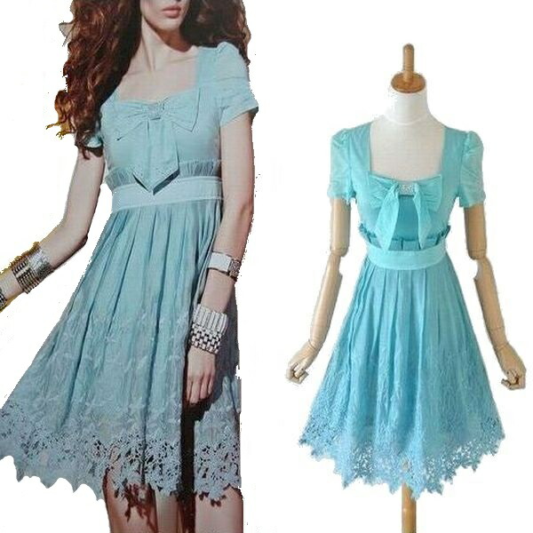 最安値挑戦 な刺繍レースフラワーがとても綺麗な胸元ビーズリボンウエストプリーツａラインワンピース ワンピース 半袖 夏 きれいめ レース ブルー ホワイト 白 Aライン リボン ビーズ 可愛 代30代 結婚式 二次会 パーティードレス 発表会 メール便なら送料無料