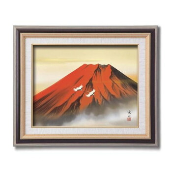 伊藤渓山　日本画額F6　(黒)　13296・赤富士
