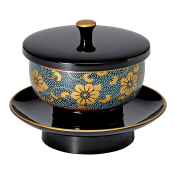 穴あき茶托セット 九谷焼茶碗付 4.2寸 黒(フチ金)/青粒鉄仙 531142027w091