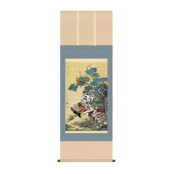掛軸 伊藤若冲紫陽花双鶏図 54.5×153cm KZ2G9-034|QUOLI