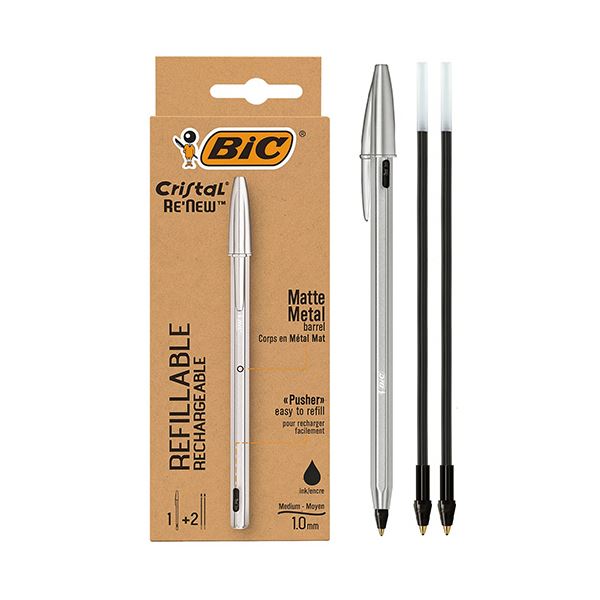 （まとめ） BIC油性ボールペン クリスタル ReNew 1.0mm 黒 （1本+替芯2本入） CRBLK-3P 1箱 【×10セット】