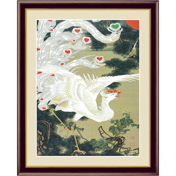 【若冲 鳳凰 旭日】【動植綵絵額】群鶏・白鳳・鶏■伊藤若冲 額装品(茶)F6号 老松白鳳図