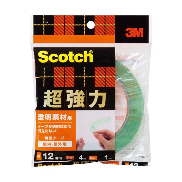 （まとめ）3M スコッチ 超強力両面テープ透明素材用 12mm×4m STD-12 1巻 【×3セット】