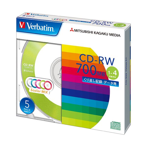 (まとめ) バーベイタム データ用CD-RW700MB 4倍速 5色カラーMIX 5mmスリムケース SW80QM5V1 1パック(5枚) 【×10セット】 8,031円
