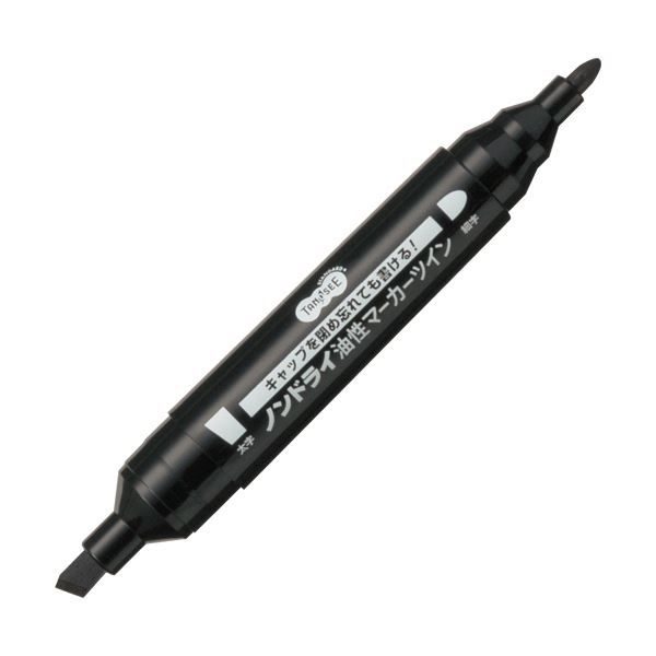 (まとめ) TANOSEEキャップ式ノンドライ油性マーカー ツイン 太字+細字 黒 1セット（10本） 【×10セット】