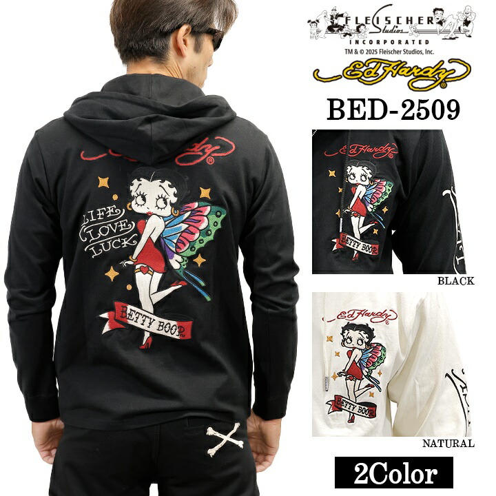 Ed Hardy BETTY BOOP F/Z PARKA HOODIE エドハーディー ベディ 共同研究 天竺 パーカー bed-2509 ブラック-ナチュラル