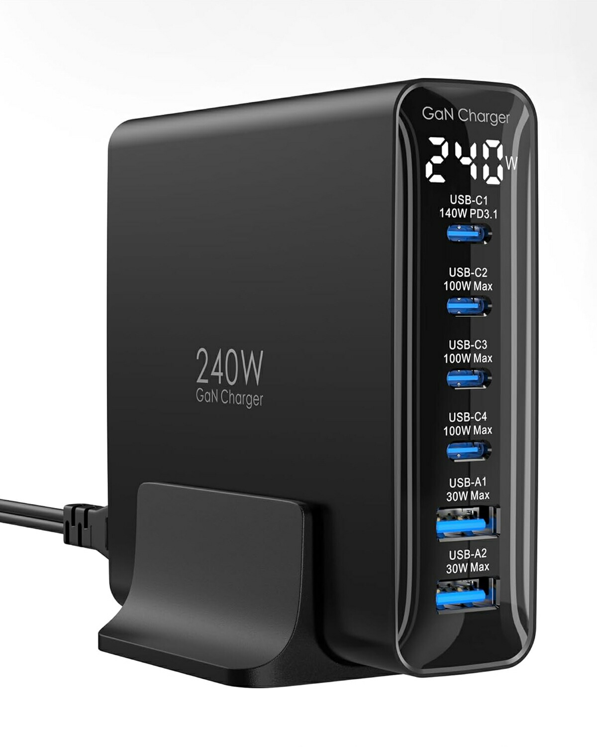 TOPADRE 240w 充電器 PD3.1対応 6ポート同時急速充電【C1 単ポート140W MAX/ディスプレイ搭載 /1.5mケーブル付】USB コンセント GaNFast3 対応 PCに急速充電対応 MacBook Pro14/16 対応 その他 (ブラック)