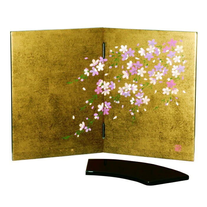 紀州漆器 金箔貼姫屏風 しだれ桜 花台付