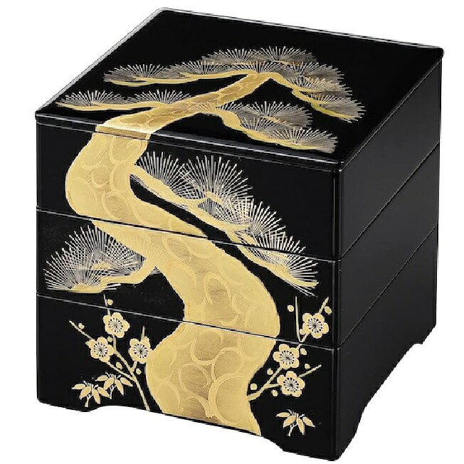 会津漆器・会津塗 黒 6.5 共足三段重 金松台
