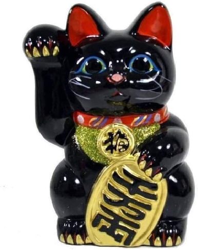 常滑焼 招き猫：積み立てる箱：黒小判付招猫（右寄り）7号