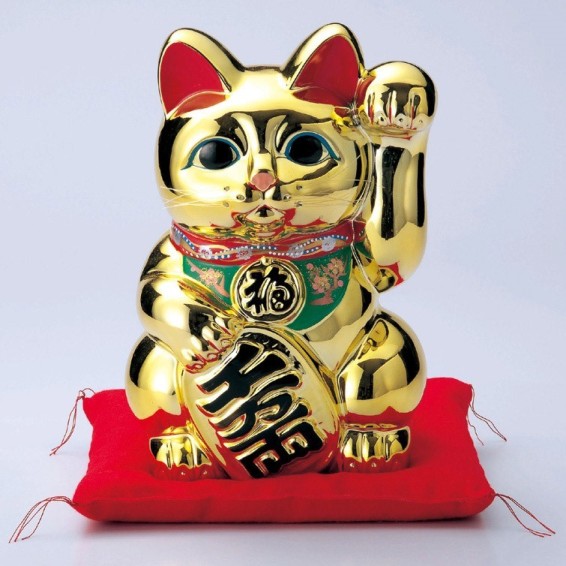 常滑焼 招き猫：積み立てる箱：金小判付招猫（押し手・座蒲団付）8号 8483