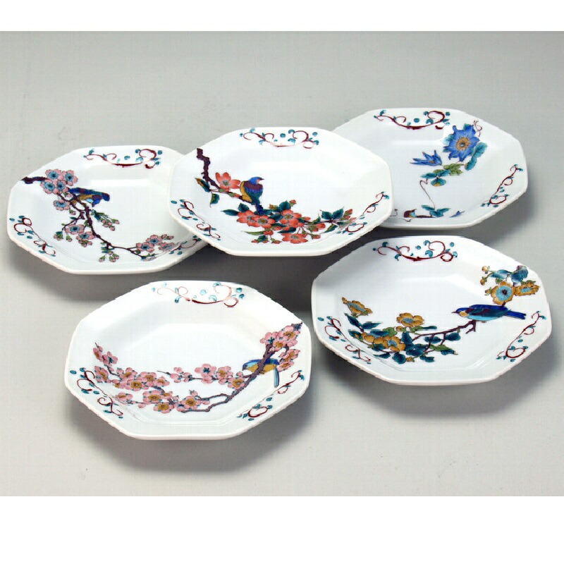 九谷焼 5号皿揃 花鳥絵変わり (5枚組)