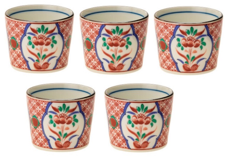 美濃焼 吉祥鹿絵 目の前猪口 呉須赤絵/赤絵花 約230ml (5客組)