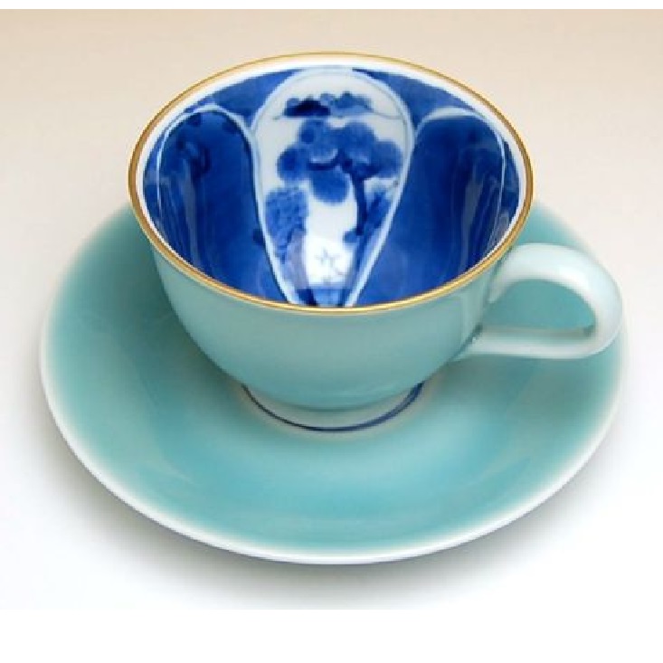 有田焼 青磁割風景 珈琲碗皿 カップ＆ソーサー-コーヒー・お茶用品