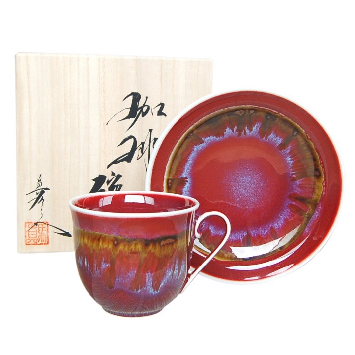 有田焼 辰砂釉彩 珈琲碗皿（馬場真右エ門窯 / 木箱入）