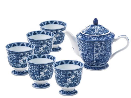 美濃焼 染付更紗 ポット茶器揃（ポット1個カップ5個のお得なセット）