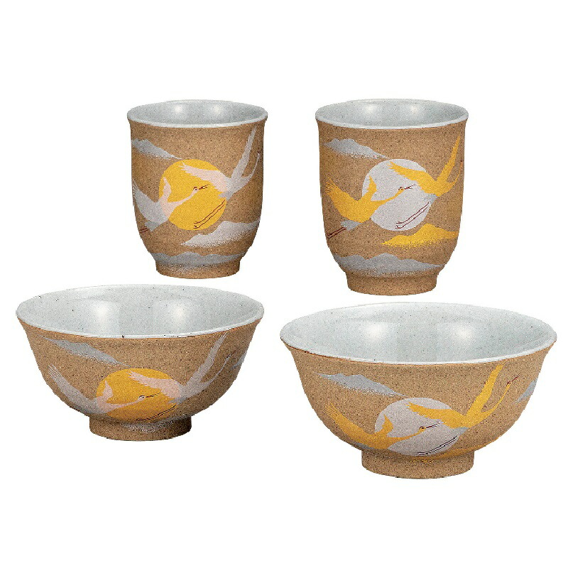 九谷焼 睦揃 (飯碗2客･湯呑2客) 金銀彩鶴
