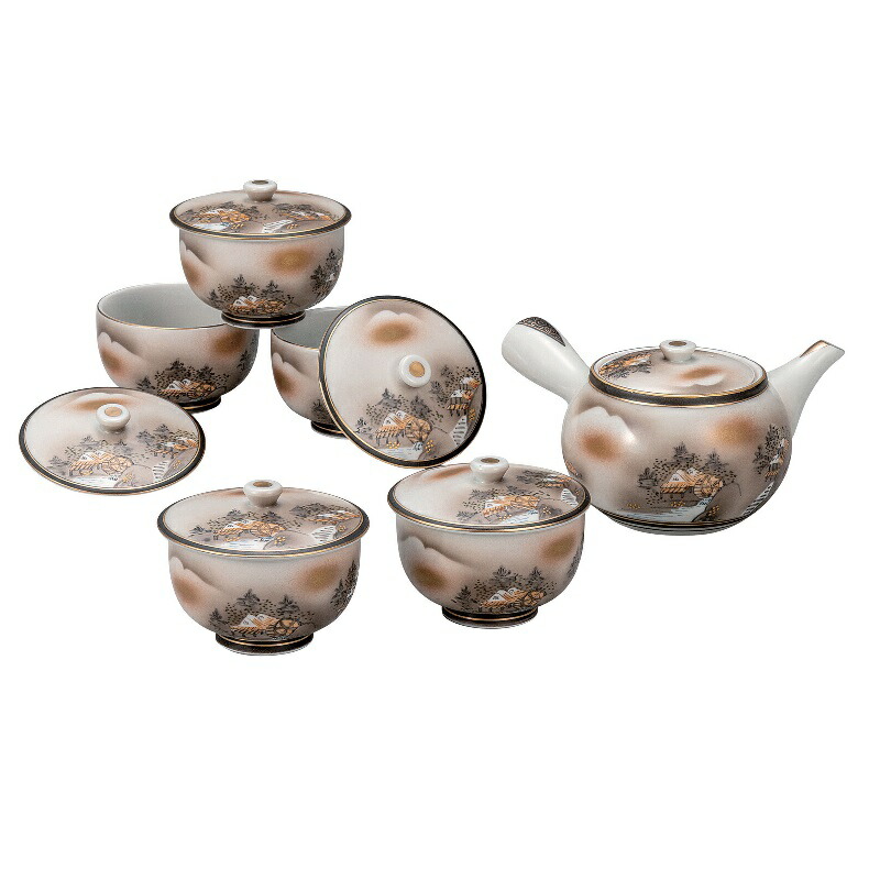 九谷焼 蓋付茶器 墨山水・ 九谷焼の急須と蓋付き汲出碗5つをセットにしたものです。