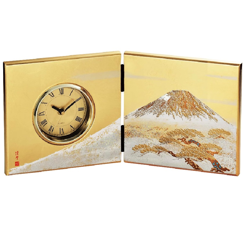 山中漆器 山中塗 屏風時計（中）白富士｜七to八-Seven to eight-
