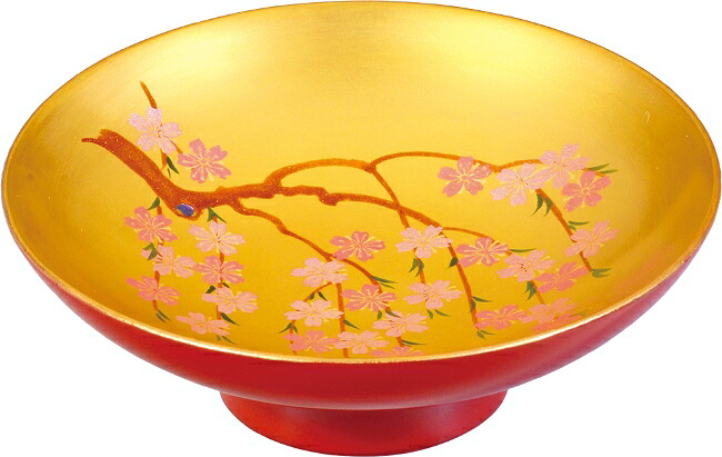 会津漆器・会津塗 木製　朱内金地3.9単盃（スタンド付き）しだれ桜（漆・手塗・手描）