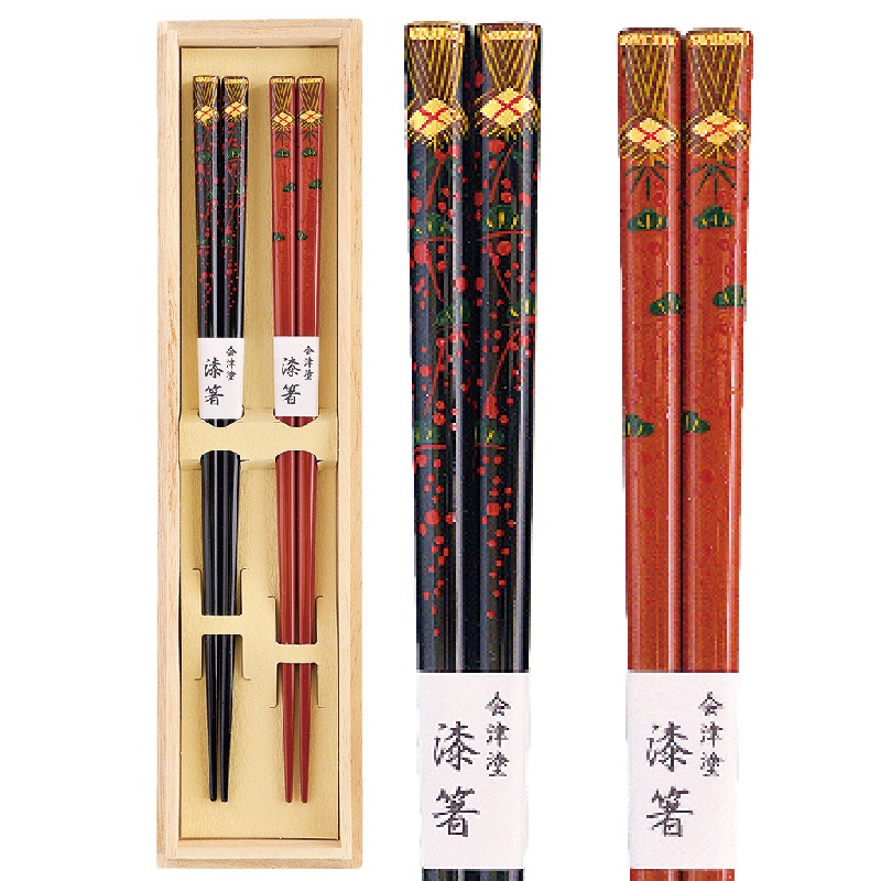 会津漆器・会津塗 夫婦箸 会津絵松竹梅 (漆・手塗・手描) 黒・洗朱|七to八-Seven to eight-