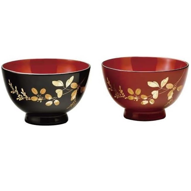 会津漆器・会津塗 黒/朱 夫婦汁椀 萩(漆・手描)