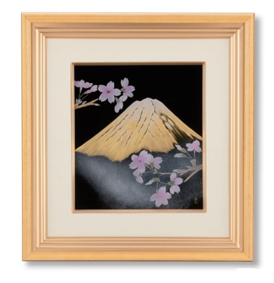 越前塗師細工 金富士に桜 ダイアログボックス 手描沈金/木枠 日展執筆