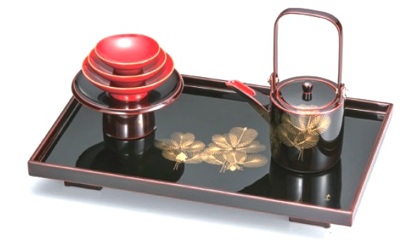 越前漆器　溜 若松 角屠蘇器 日展作家 立山作＜ 銚子 盃 お屠蘇セット　迎春　正月＞